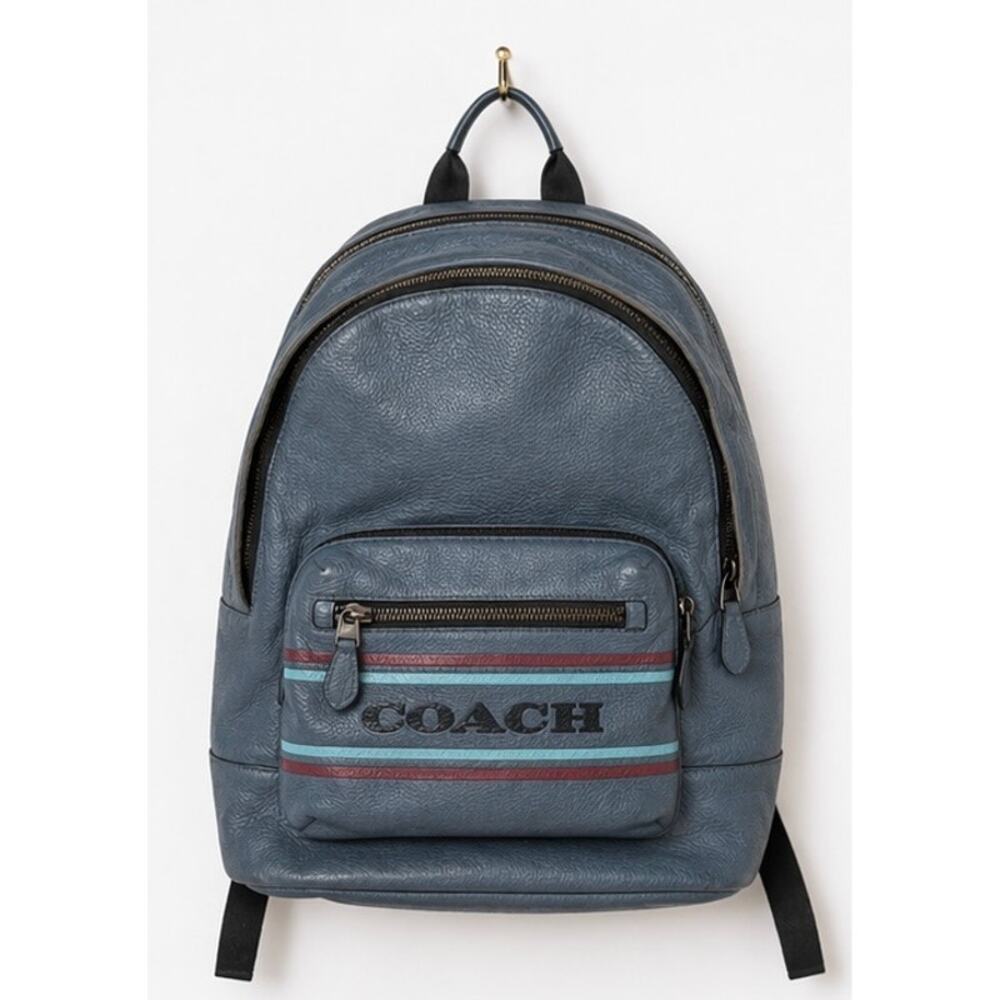 Coach Leather Backpack Blue Varsity Stripe Pebbled Leather Bag